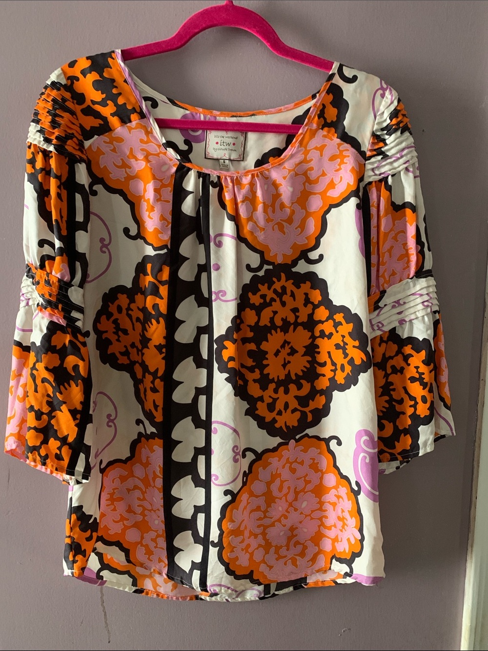 Bold Floral Silk Blouse in Orange, Pink & Cream